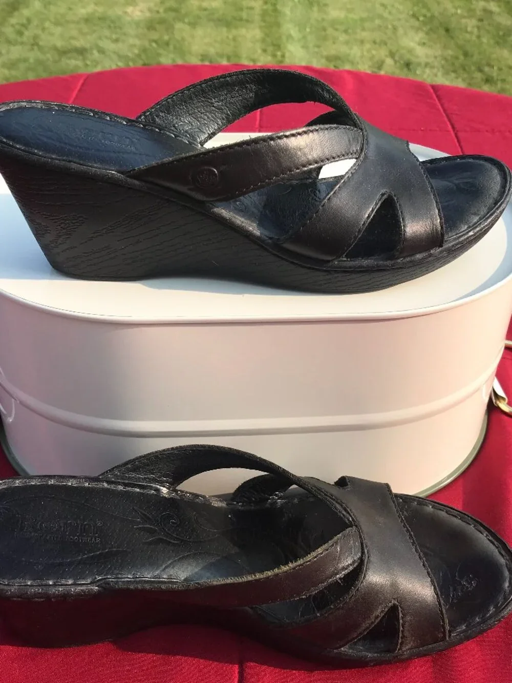 Black wedge sandal, slide.